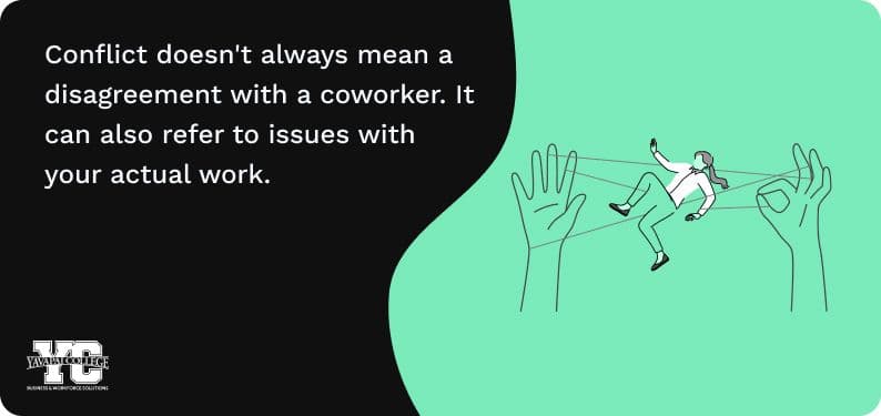 Image: an illustrated graphic of a person caught in two giant hands doing cats cradle. Text: Conflict doesn't always mean a disagreement with a coworker. It can also refer to issues with your actual work.