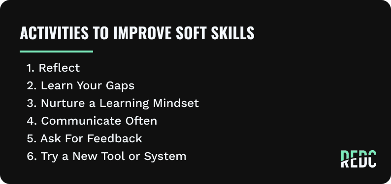 No Image. Text: Activities to Improve soft skills involves reflection, learning your gaps, nurturing a learning mindset, communicating often, asking for feedback, and trying a new tool.