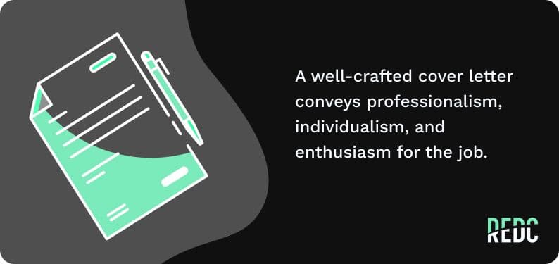 Image: an illustrated, stylized cover letter and pen in green and gray. Text: a well-crafted cover letter conveys professionalism, individualism, and enthusiasm for the job.