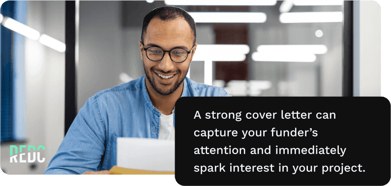 Image: A happy man reading a paper grant proposal. Text: A strong cover letter can capture your funder's attention and immediately spark interest in your project.