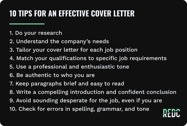 No image. Text: 10 tips for an effective cover letter includes doing your research, understanding the companies needs, matching qualifications to specific job requirements, and avoid sounding desperate