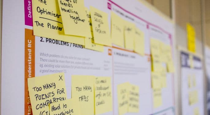 A planning board covered in sticky notes.