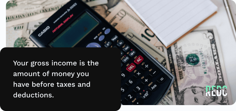 A calculator and notepad on top of a pile of $5 and $10 bills.