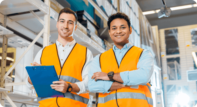 Two workers in construction vests standing and smiling in a warehouse.