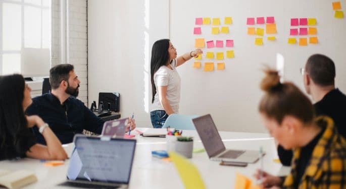 A meeting room with people arranging sticky notes on a whiteboard.