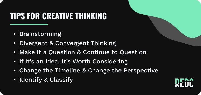 Graphic displaying tips for creative thinking. 