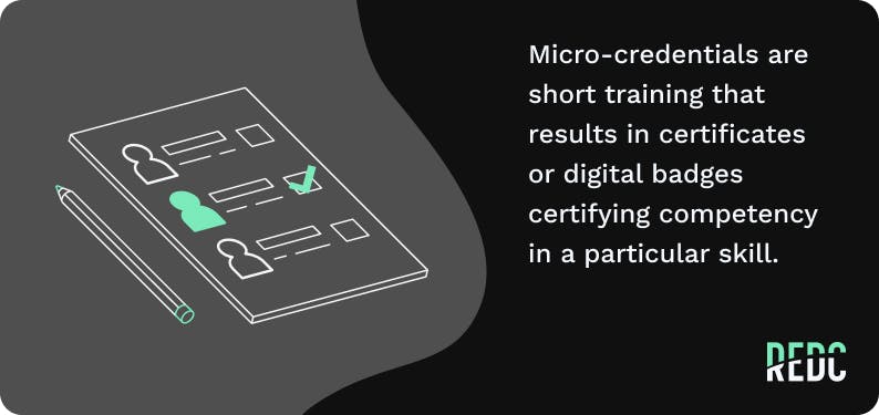 Graphic defining micro-credentials as short trainings certifying competency in a particular skill